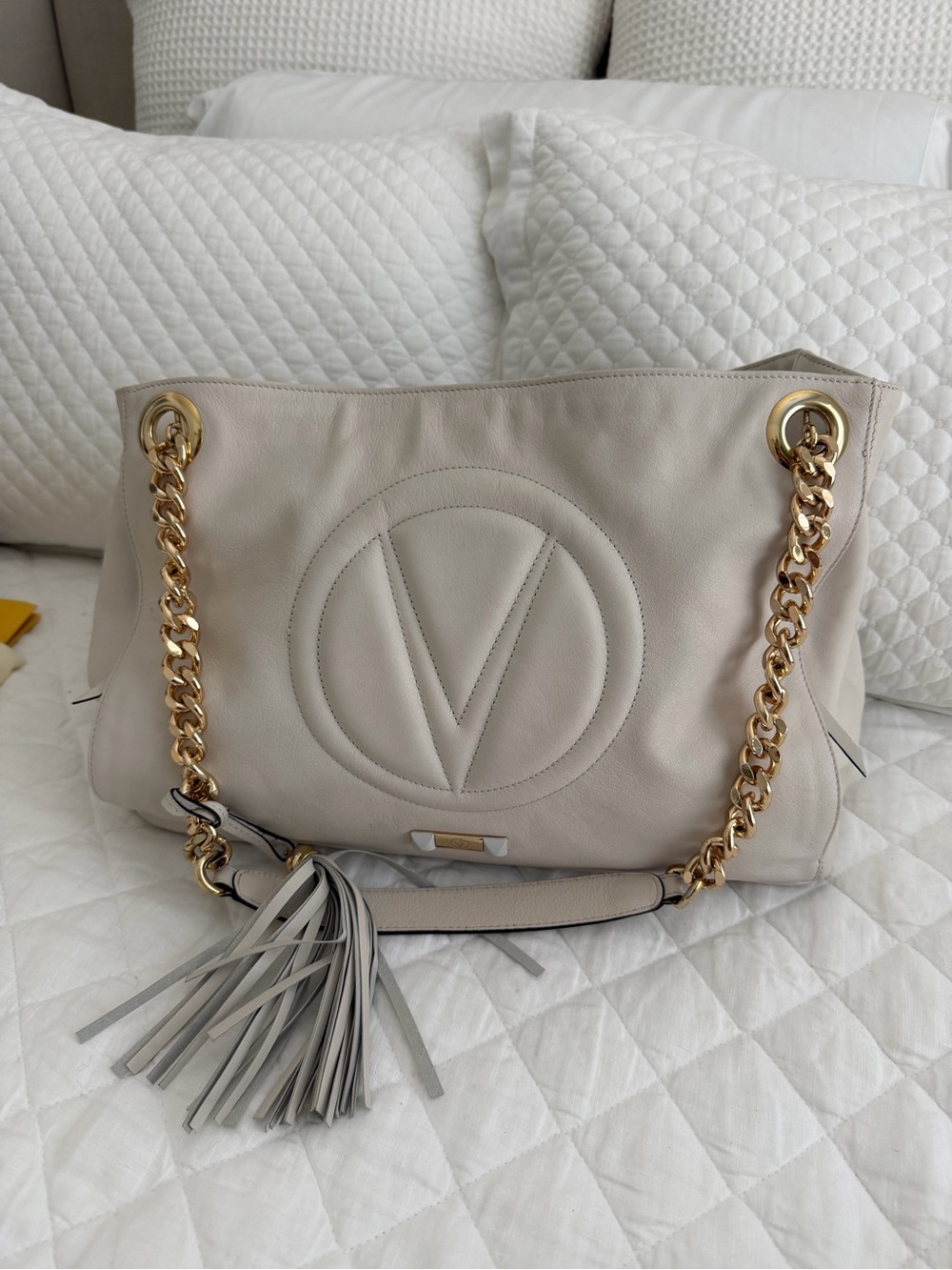 Valentino By Mario Valentino Cream Leather Shoulder Bag with Gold Chain